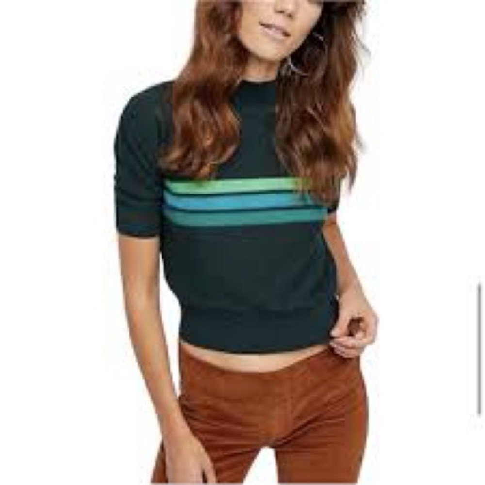 NWT L Free People Way Back Linen Blend Mock Neck Striped Short Sleeve Sw…